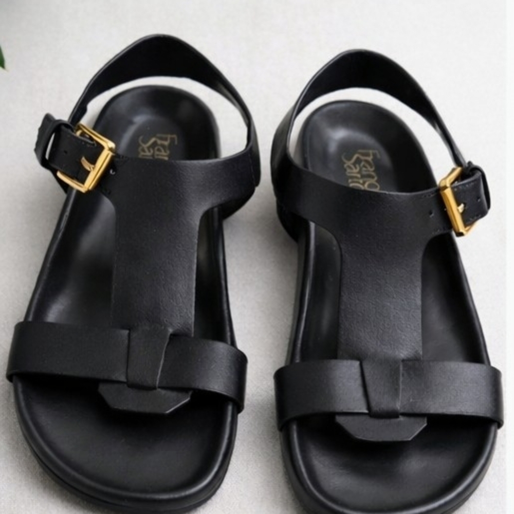 Franco Sarto Black Leather T-Strap Sandals – Gold Buckle